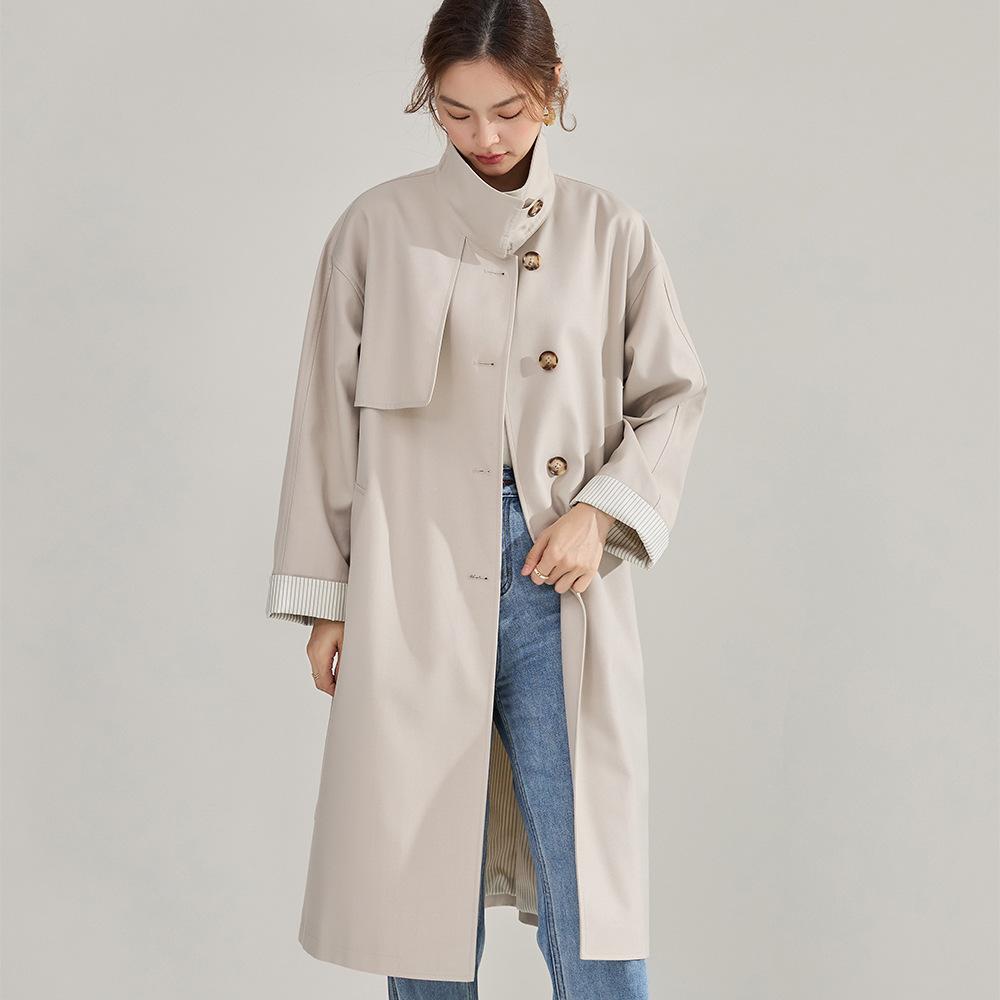 Chunxin commuting temperament loose silhouette drape retro stand-up collar medium and long trench coat women 22352