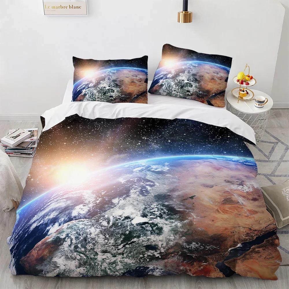 Galaxy Planet King Queen Duvet Cover Universe Sky Bedding Set 3D Blue Earth Outer Space Astronomy 2/3pcs Polyester Quilt Cover