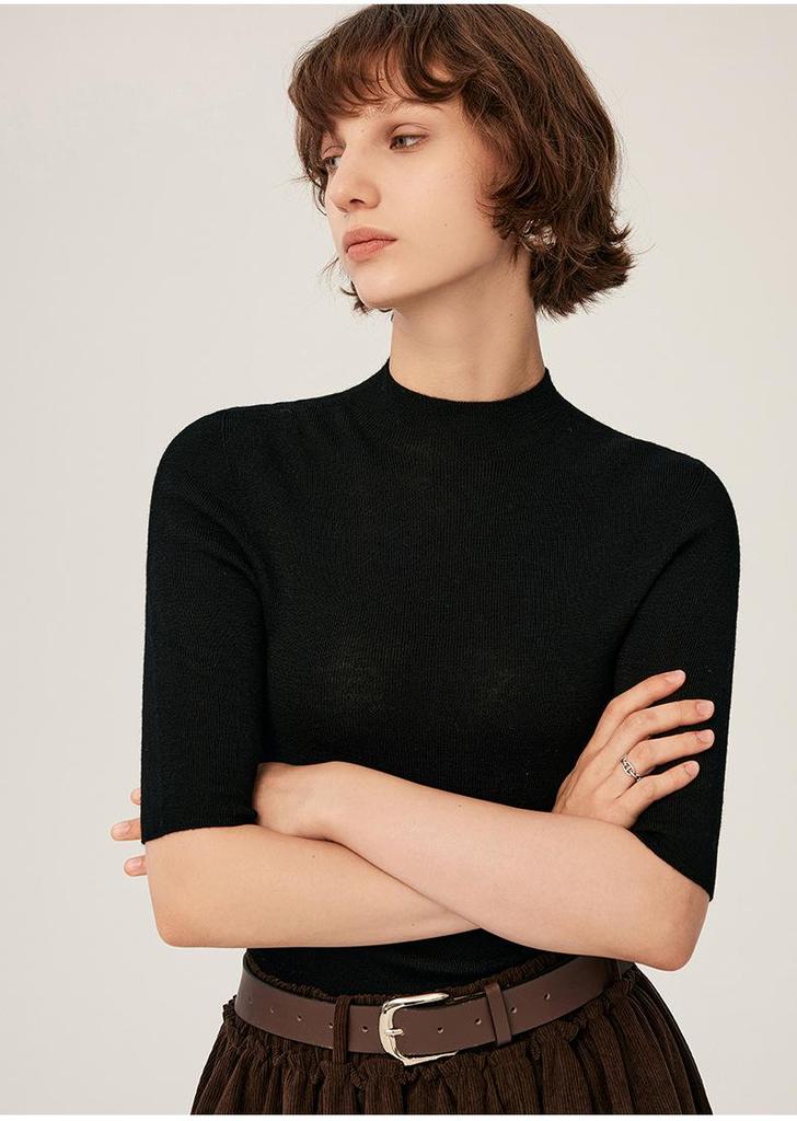 Women's 18-Gauge Fine-Spun Yangtze Yarn 100% Wool Mid-Sleeve Spring Slim-Fit Base Layer Top