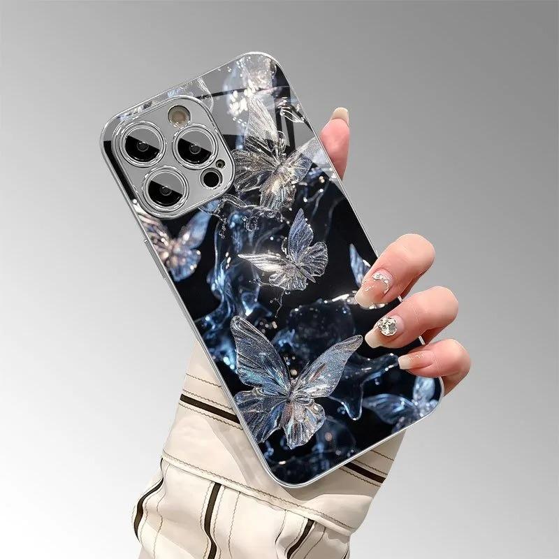 Kristall Schmetterling Muster Galvanisiert Silber Gehärtetes Glas Handyhülle Für Samsung Galaxy S25 S24 S23 Ultra Plus FE Hülle