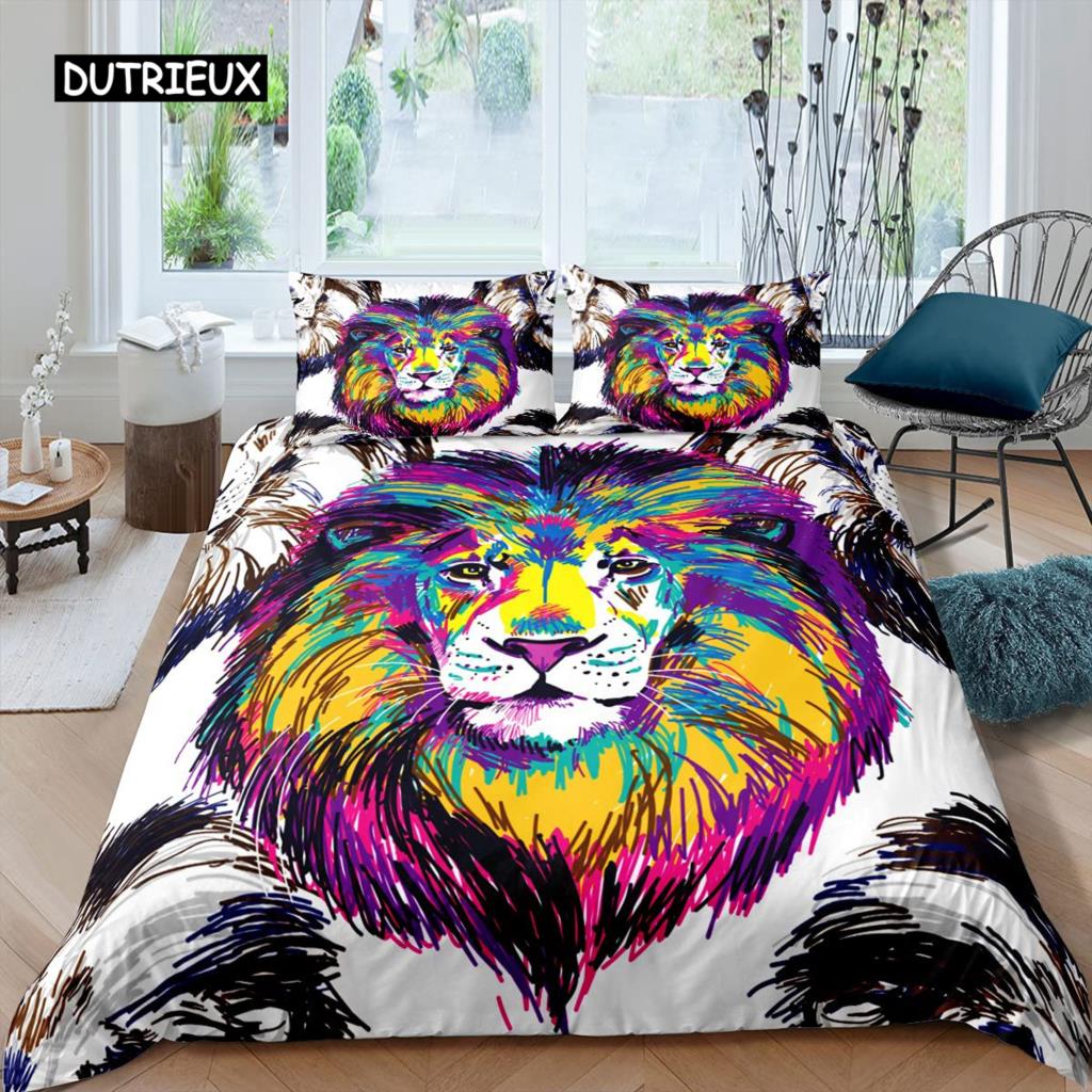 Lejon Påslakanset King Size Afrika Vilda Djur Storkatt Sängkläder Gyllene Lejon Vilar 2/3 Delar Barn Djur Enkelt Täcke Överdrag