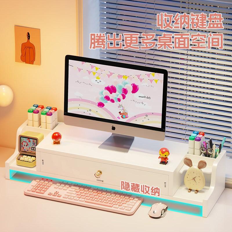 Adjustable Desktop Monitor Riser With Drawer Pen Holder Office Workstation Organization White Or Wood Finish