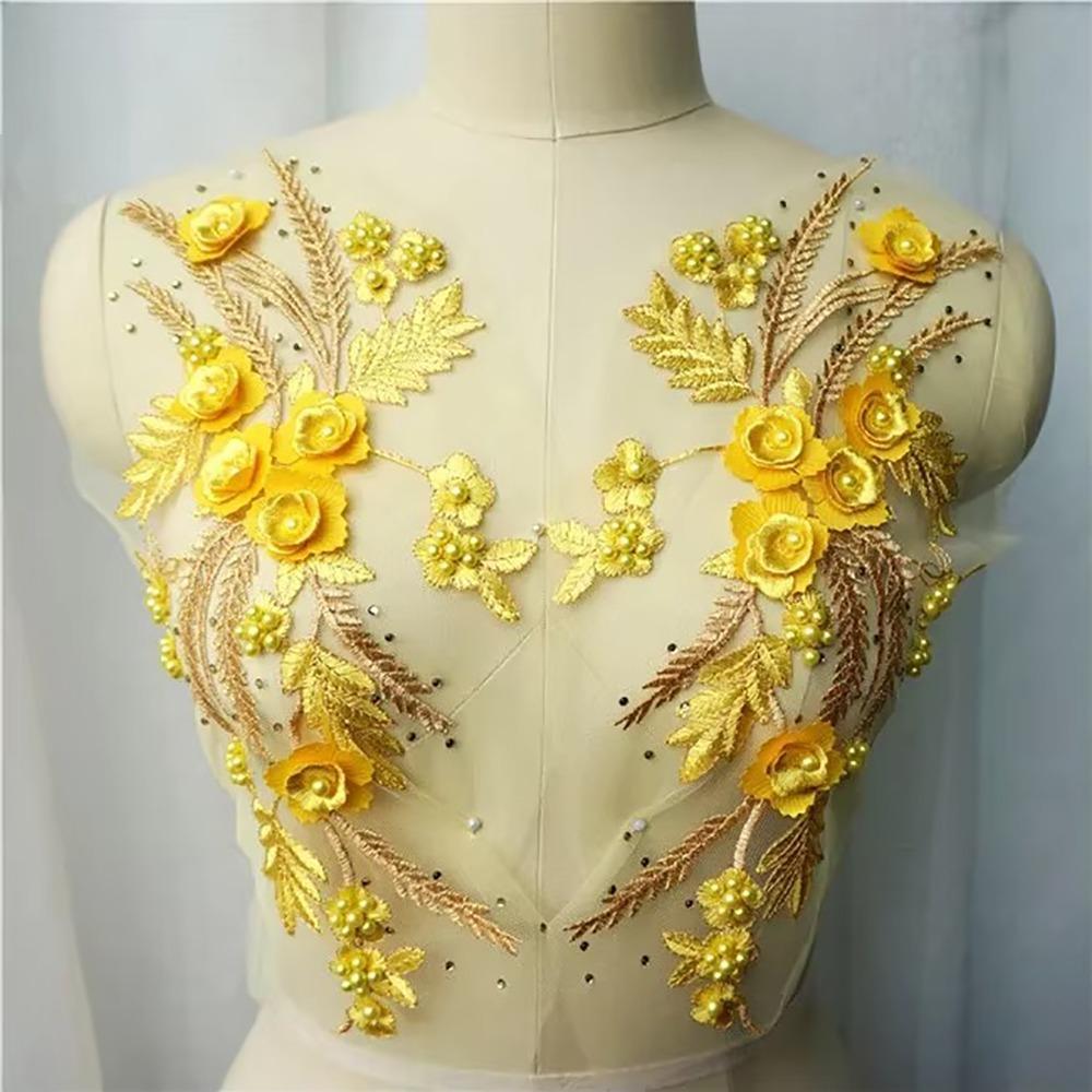 Appliques Sew White Black Wedding Gown Appliques 3D Flower Tassel Beads Lace Appliques Sew Patch