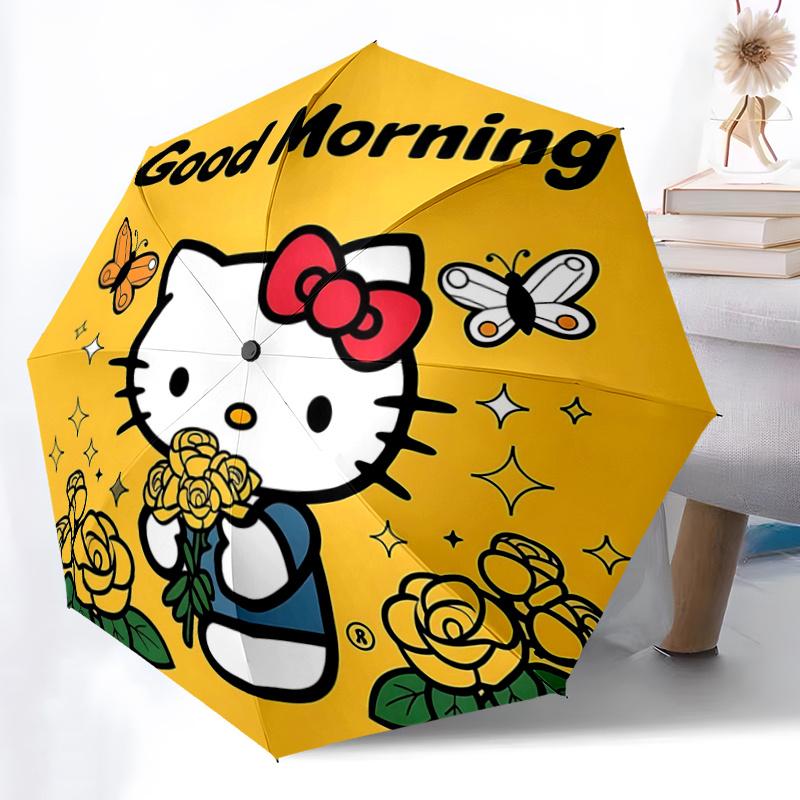 1pc Hello Kitty Yellow Rose Bouquet Automatic Folding Umbrella - Portable 3-Fold Design with Iron Frame, Outdoor, Gift for Fans, Travelers, Daily Use.