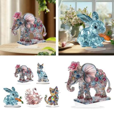 Cartoon Crystal Elephant Sculpture Living Room Bedroom Desktop Ornaments Decoration 2D Acrylic Blue Pink Sculpture