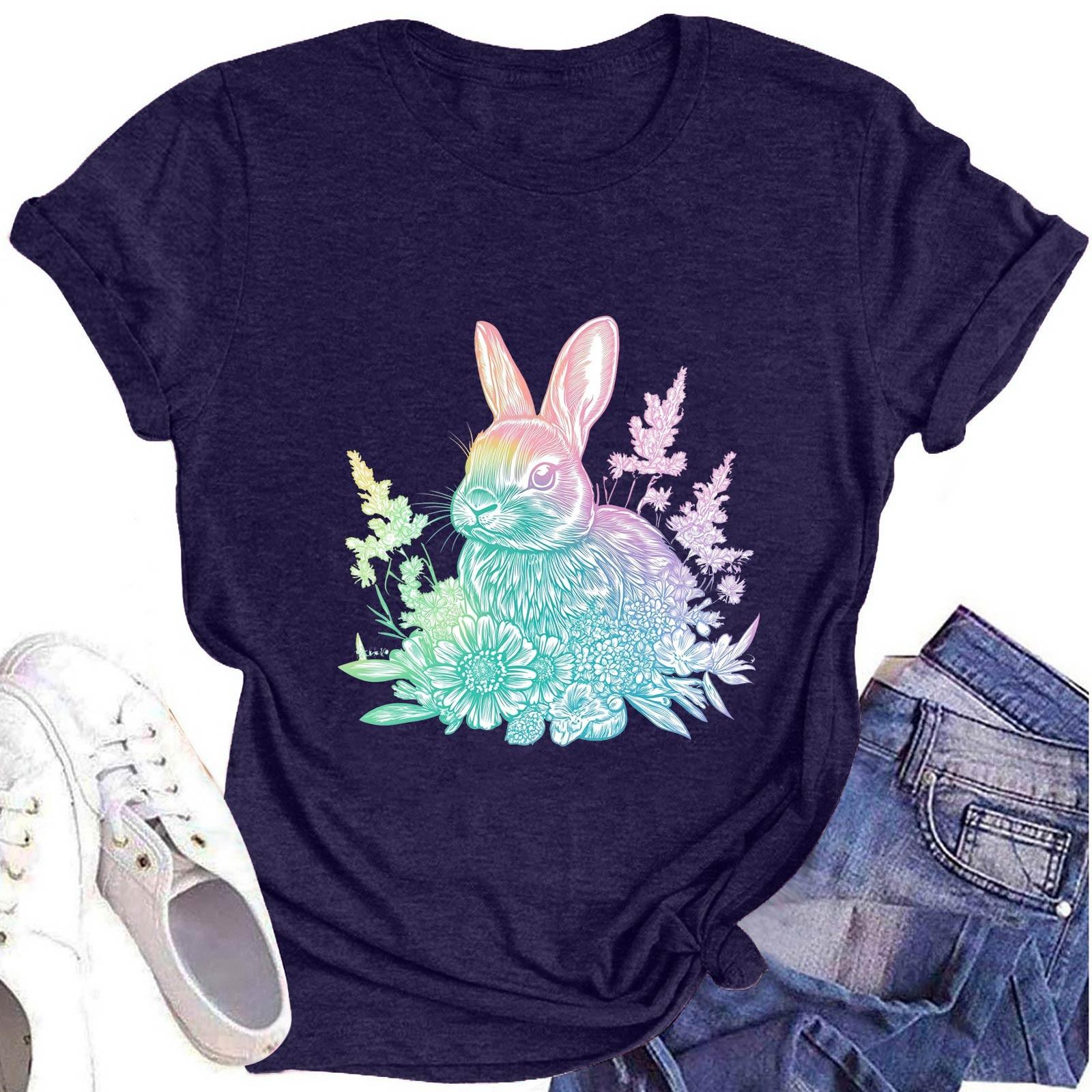 

Женская модная футболка с круглым вырезом и коротким рукавом, повседневный топ с пасхальным принтом L тёмно-синий