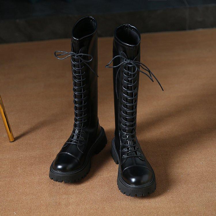 thick-soled knight boots for women, long British Martin boots, small lace-up thin boots for women