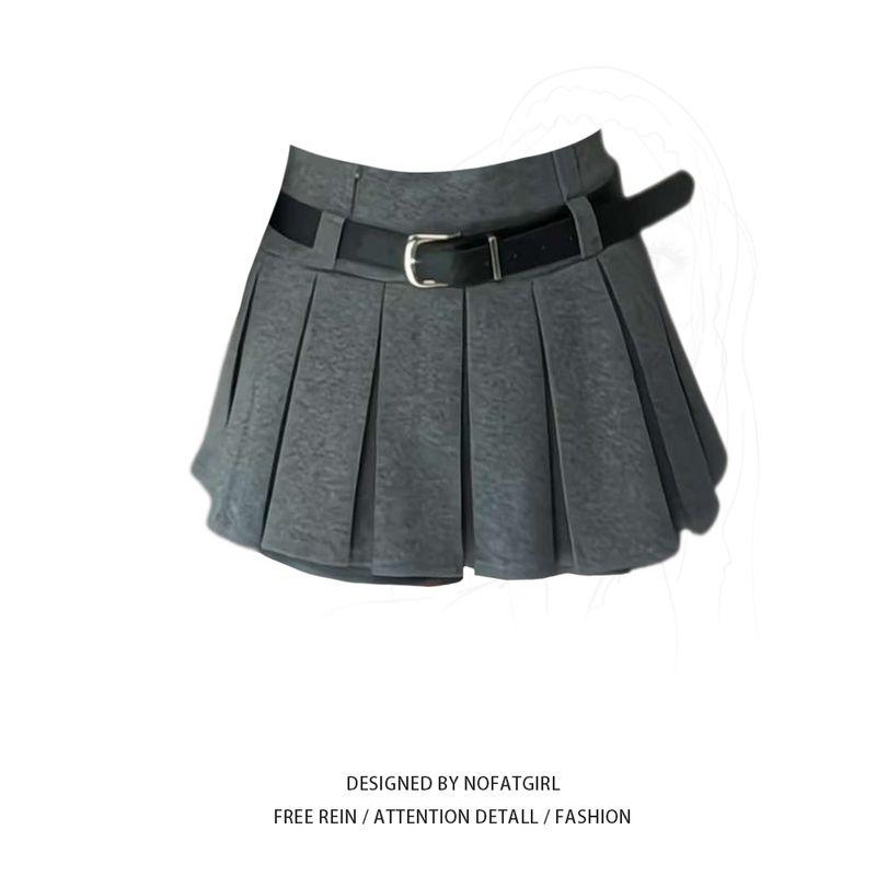 

Plus Size Chubby Girl Gray High-Waisted Trousers Skirt Women s Autumn and Winter New Arrival Fashion Tape Stylish A- line Pleated Short Skirt Ins Dark Gray Culottes + Belt M