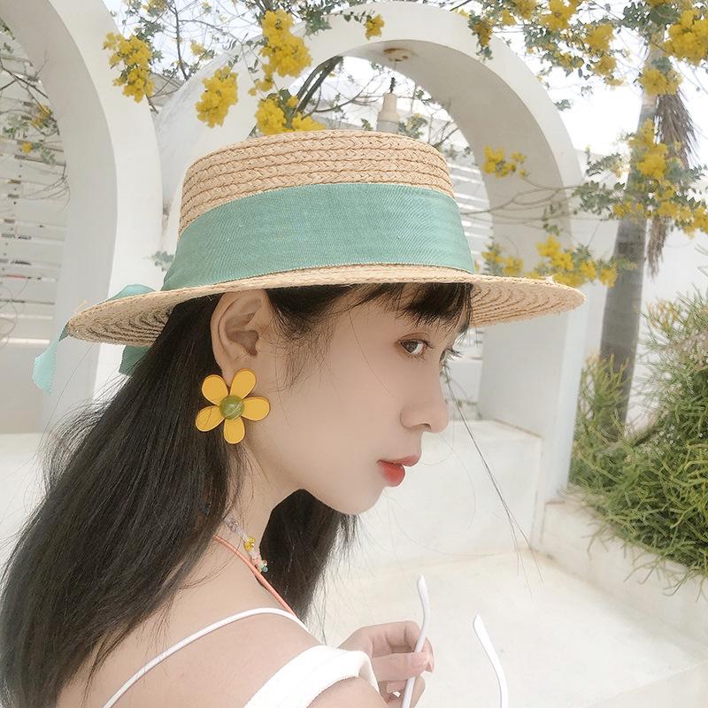 British Hepburn Style Bow Lafite Straw Hat Flat Top Vacation Vacation Beach Hat Women's Summer Top Hat