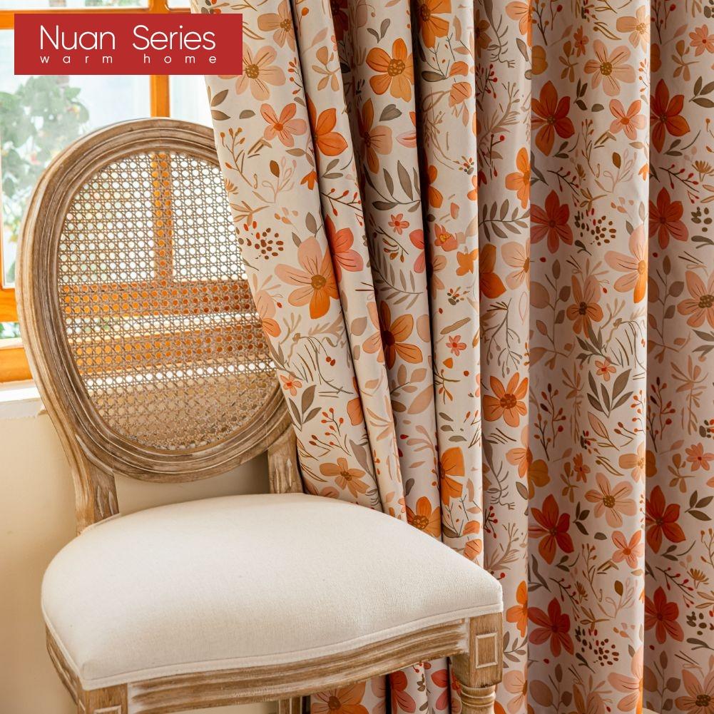 1PC Nuan Series French Vintage Orange Floral Print Blackout Curtain 100% Blackout Curtain for Bedroom Living Room Balcony Window for Home Decor