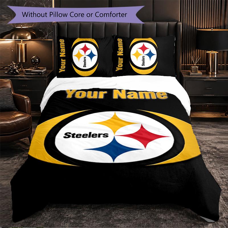 Pittsburgh Steelers Customized Name Text Bedding Set, 1 Duvet Cover & 2 Pillowcases Personalized Bedroom Gift