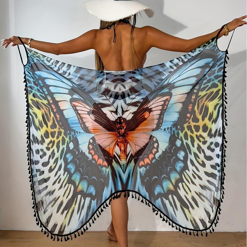 Butterfly-printed Beach Dress with Fringed Net Fabric Halter-style Wrap Skirt for Ladies, Ideal for A Spa Vacation. Halter-style Skirt.