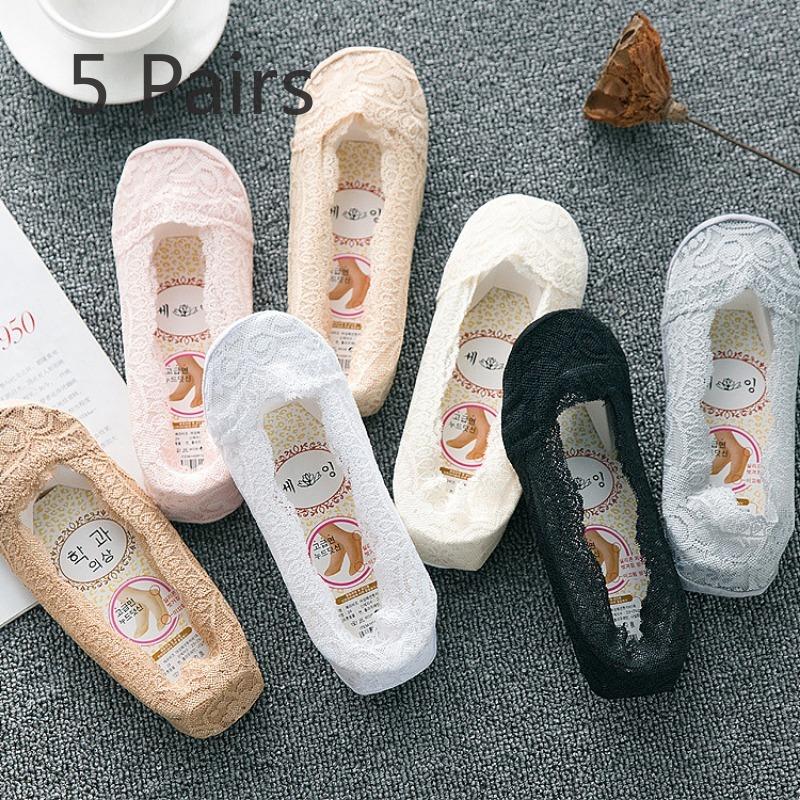 

5 пар женских летних тонких нескользящих носков-лодочек с неглубокой пяткой и кружевом 5 Pairs телесный