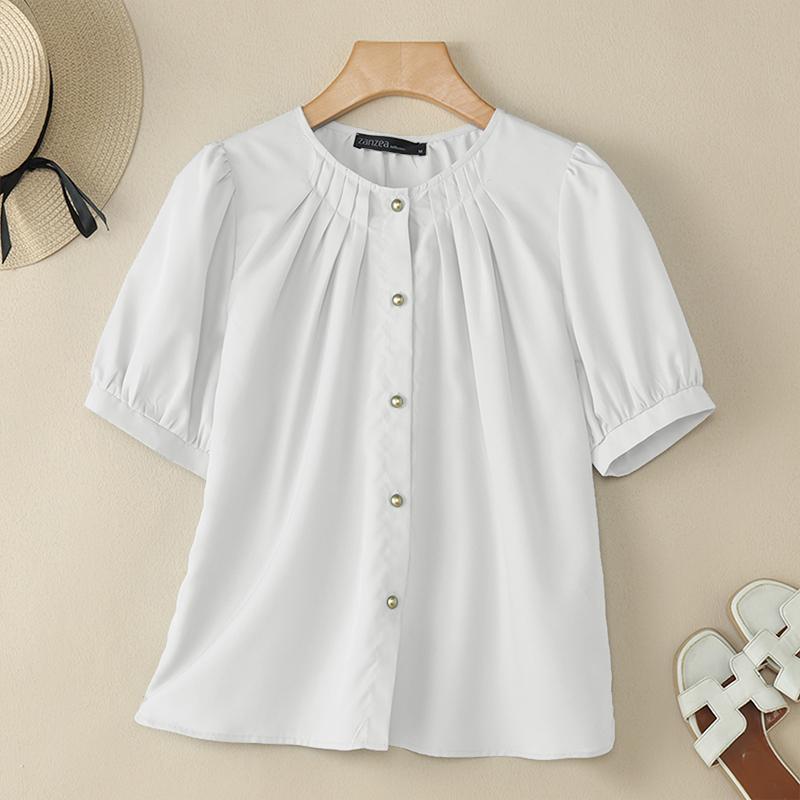 

ZANZEA Women Casual Round Neck Solid Color Short Sleeve Blouse S білий