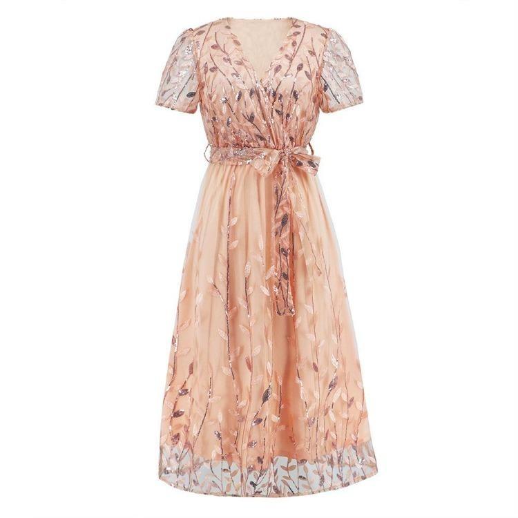 

Elegant V Neck Lace Embroidered Long Dress Slim Fit Bright Screen Medium Large Size Women XXL рожевий