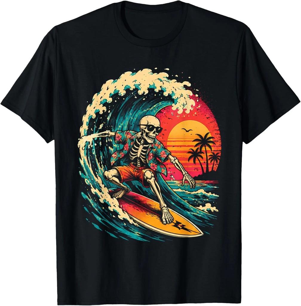Vintage Surfing Skeleton Halloween Surfboard for Men Boys T-Shirt