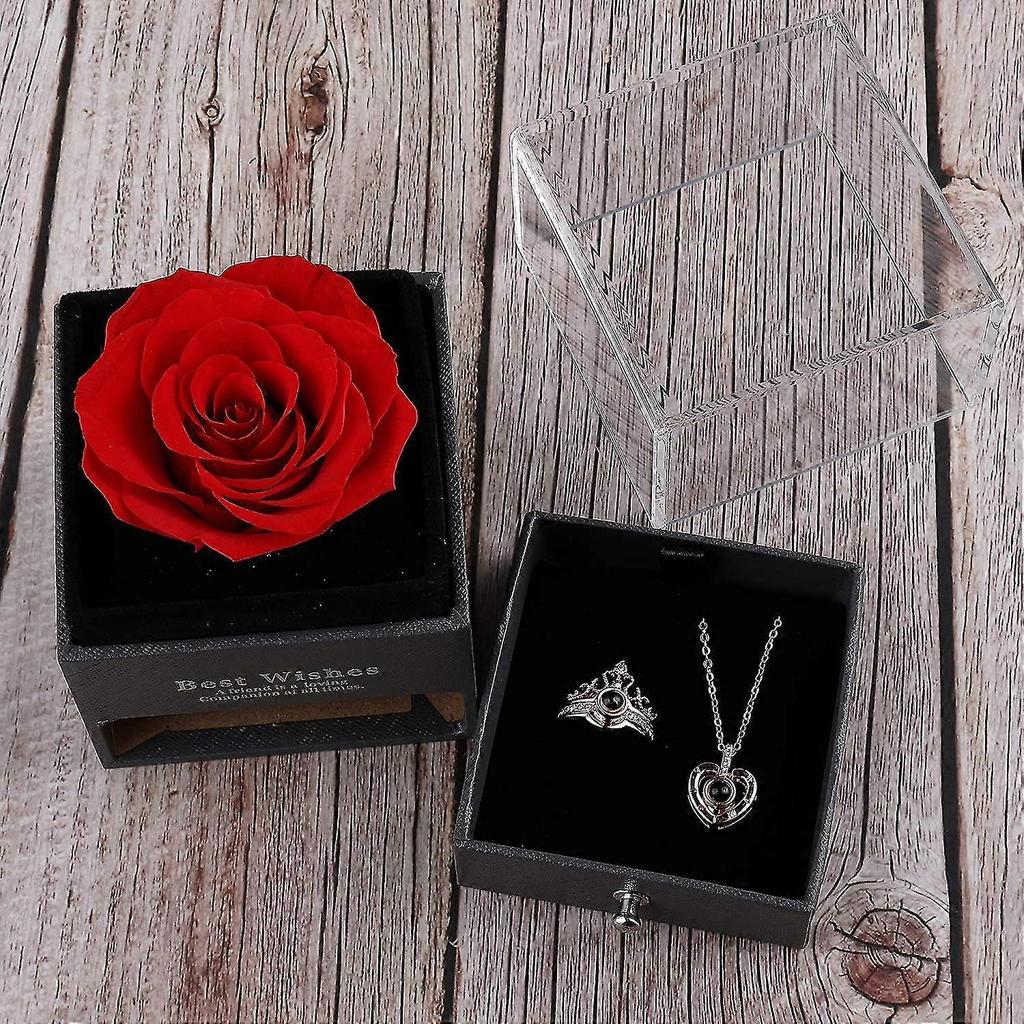 Preserved Real Rose Gift Box Enchanted Real Rose With I Love You Necklace 100 Languages Gift , Eternal Rose Flower Handmade Preserved Real Rose Gift C