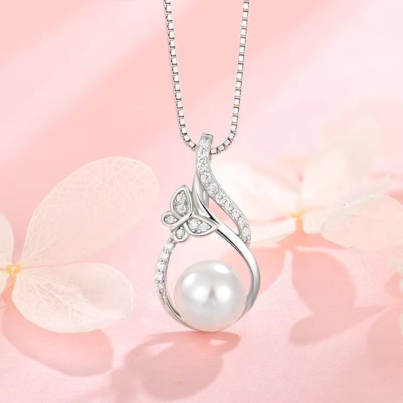 925 Sterling Silver Butterfly Pearl Pendant Cubic Zirconia Imitation Pearl Box Chain Pendant Fine Jewelry