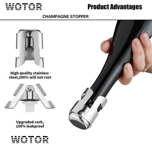 WOTOR Champagne Stopper, Stainless Steel Prosecco Bottle Stopper with Food-Grade Silicone, Reusable Champagne Cork & Saver, Leak-Proof, Keeps Champagn