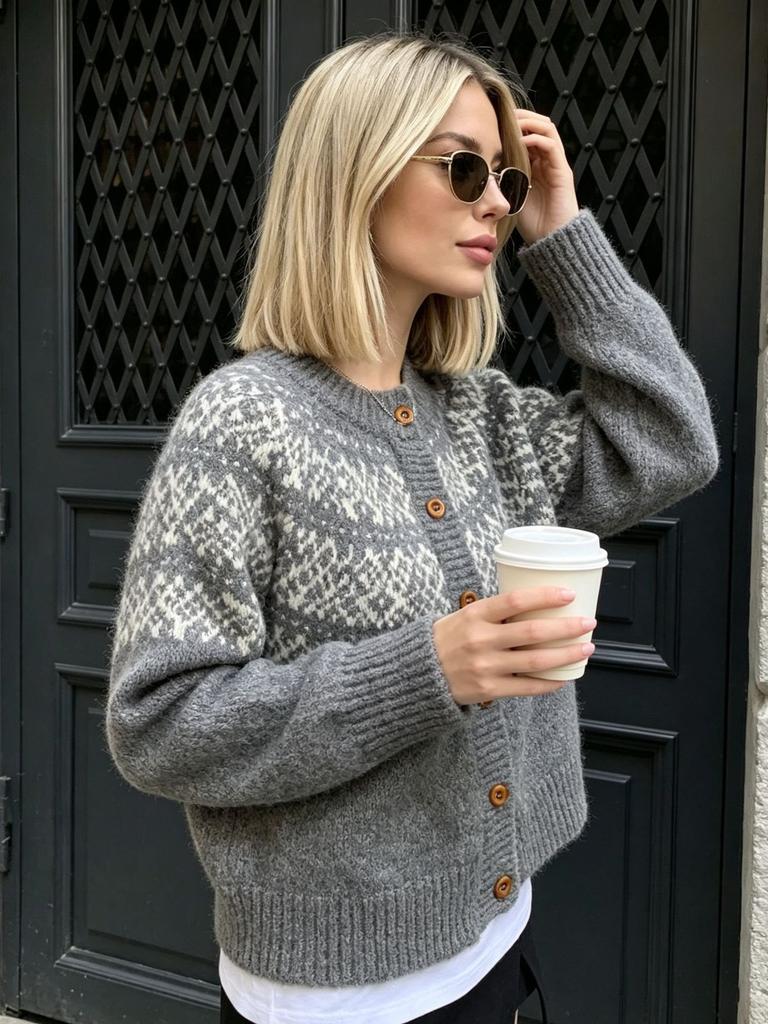 Fair Isle Cardigan Sweater for Women Vintage Round Neck Knit Top Fall Winter