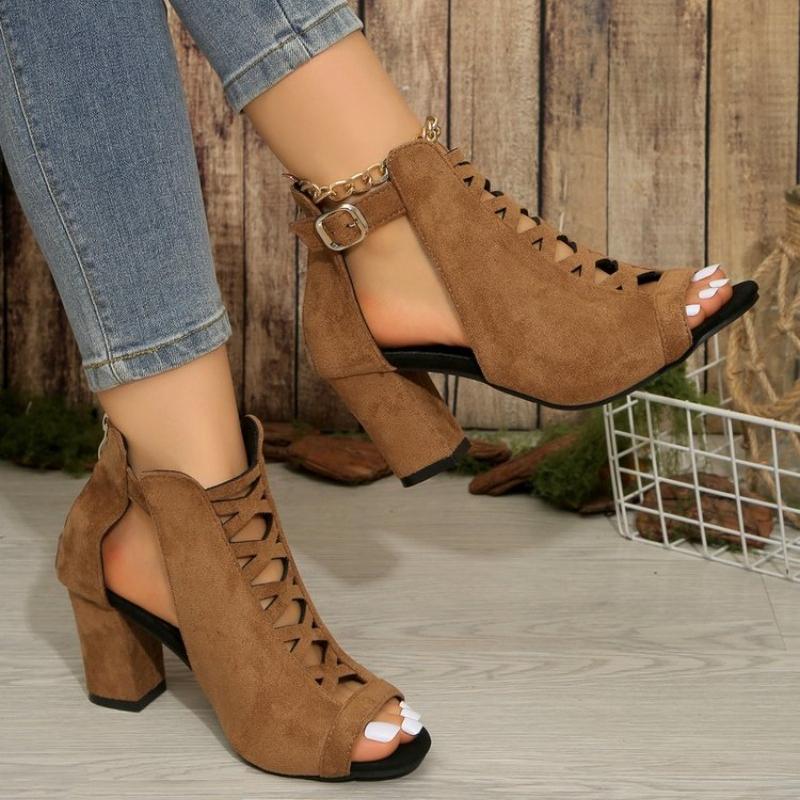 Summer New Round Toe Open Toe Cutout Zipper Soft Sole Non-slip Block Heel Women's Shoes Fish Mouth Sandals