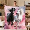 1pc Cozy Black And White Horse Pink Print Blanket, Lightweight Flannel Throw For Sofa, Bed, Livingroom, Office, Chair, Couch, Travel, Camping, And Bed