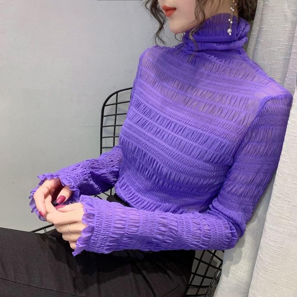 Women's Pile Collar Lace Blouse Solid Color Shirt  Long Sleeves and Mesh Pullover Top