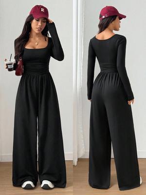 2026 Women's Square Neck Wide-Leg Jumpsuit: High-Waist, Long Sleeve, European & American Style, Casual Waist-Cinching Design