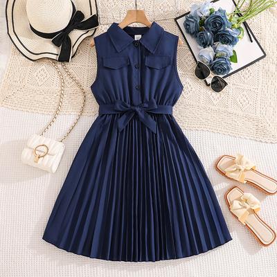 Girls' Fashionable Dress for Spring and Summer, Elegant Cinched Pleated Dress for Children