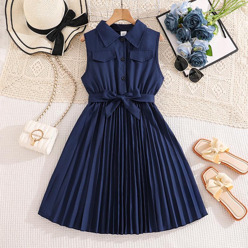 

Girls Fashionable Dress for Spring and Summer, Elegant Cinched Pleated Dress for Children 170cm=12Y синій