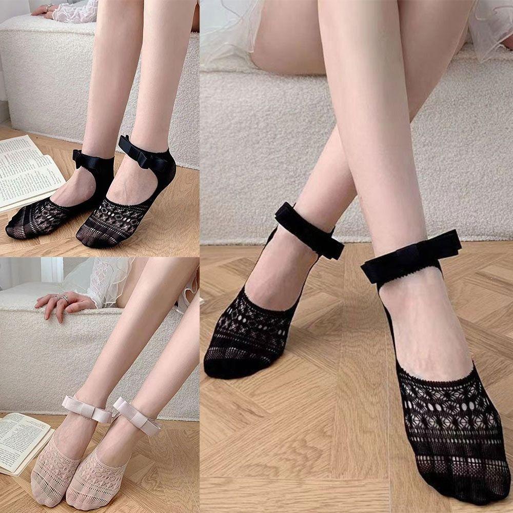Hollow Short Socks Solid Color Cotton Socks New Bowknot Socks  Spring Summer