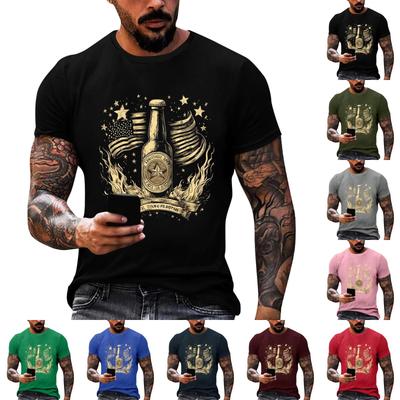 Men's Loose Fit Short Sleeve T Shirt Casual Summer Daily Wear Patriotic Flag and Bottle Graphic Print Top for Father Day and Independence Day