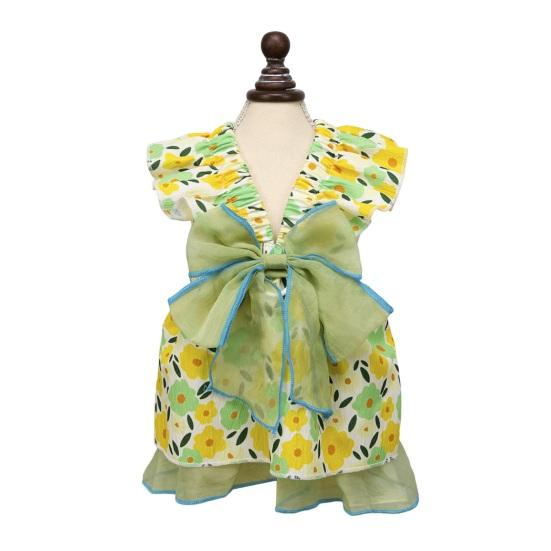 Spring Summer Pet Dress Ruffle Flying Sleeves Tulle Bow Floral Print Small Dog Dress Breathable Pet Costume Outfit Apparel XS зелёный