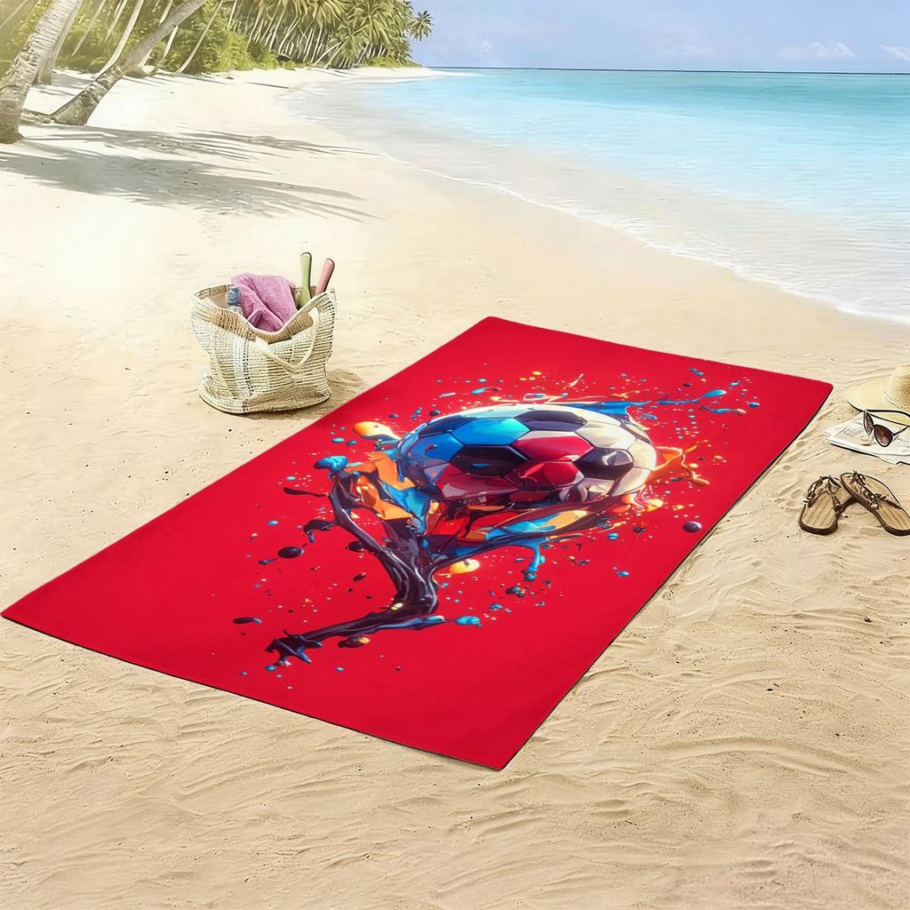 Dynamic Sports Beach Towel, Red Background Paint Splash Soccer Ball Print Bath Towel, Stylish Soccer Fan Beach Blanket