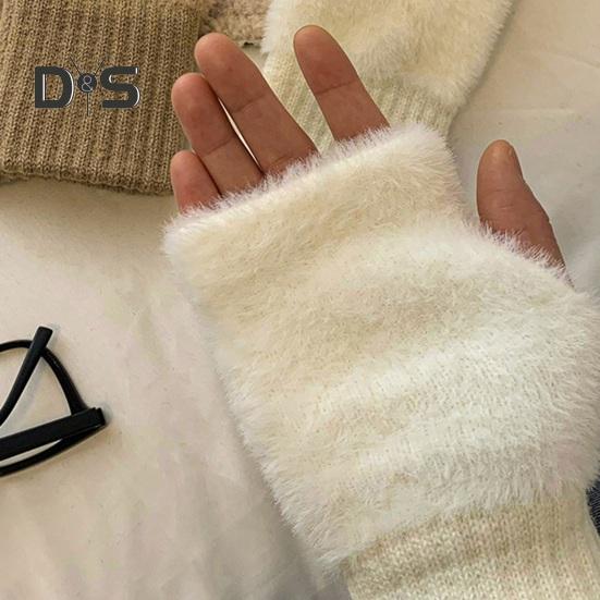 1 Pair Women Winter Gloves Half-finger Thick Plush Elastic Warm Heat Retention Non-slip Windproof Wrist Protection Cycling Riding Mittens