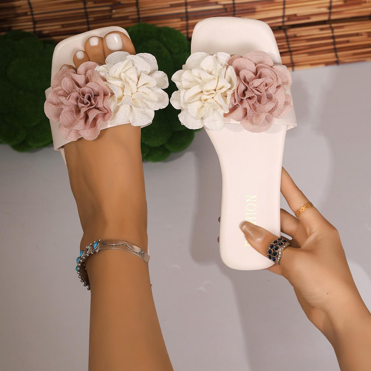 

Summer Flower Flat-bottomed Slippers Women s Outer Wear Square Toe Open-toed Flat-heeled Sandals 44 бежевый