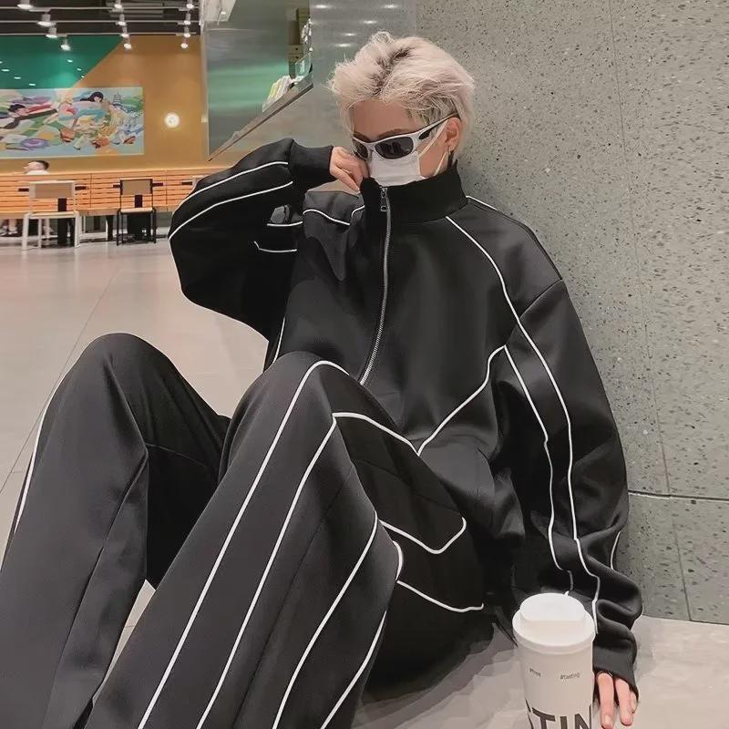 Men's Trendy Loose-Fit Sports Suit: Korean-Style Solid Color Jacket & Casual Pants Two-Piece Set for Spring/Autumn.