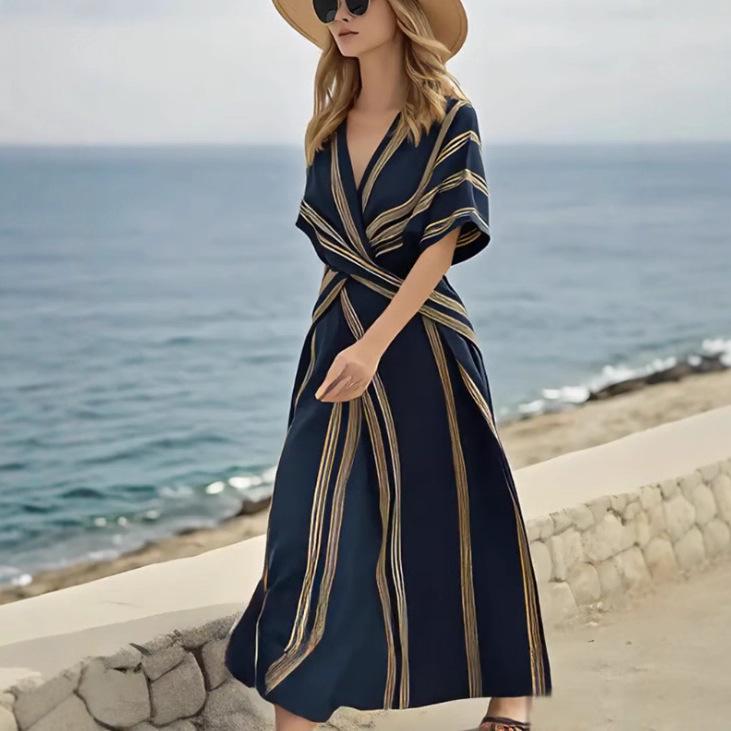 European & American V-Neck Ruffle Swing Dress - Women's Short Sleeve Summer