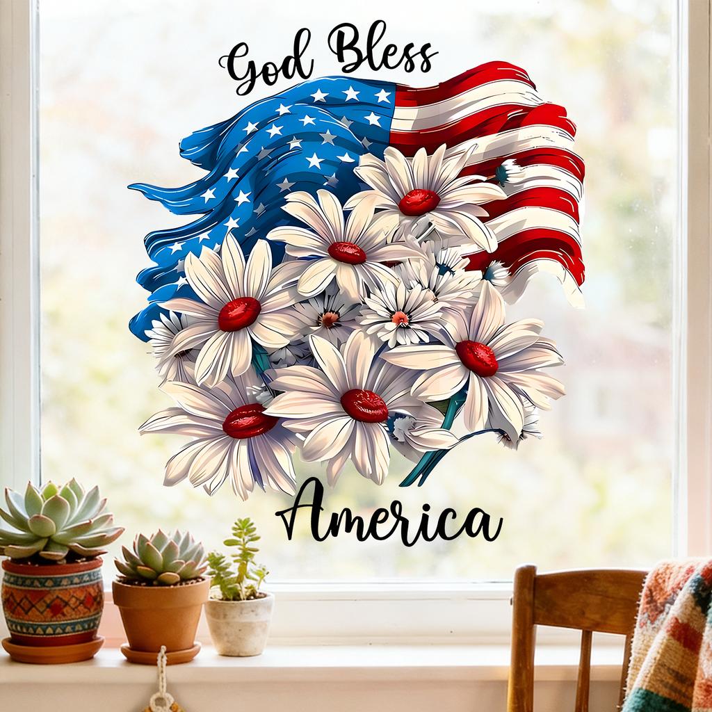 Static Cling Window Stickers Creative Daisy God Bless America for Balcony Patio Door Living Room Bedroom Home Decor