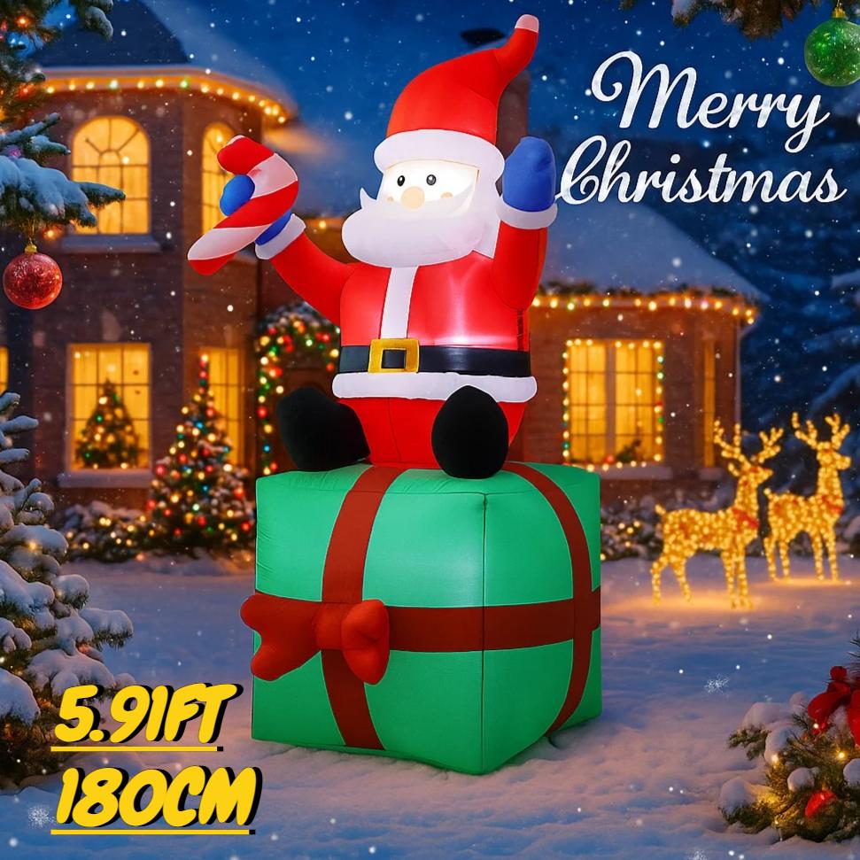 5.91FT Inflatable Toy Santa Claus Gift Box Xmas Decorations for Yard LED Lights Christmas Supplies Home Ornaments Holiday Gift