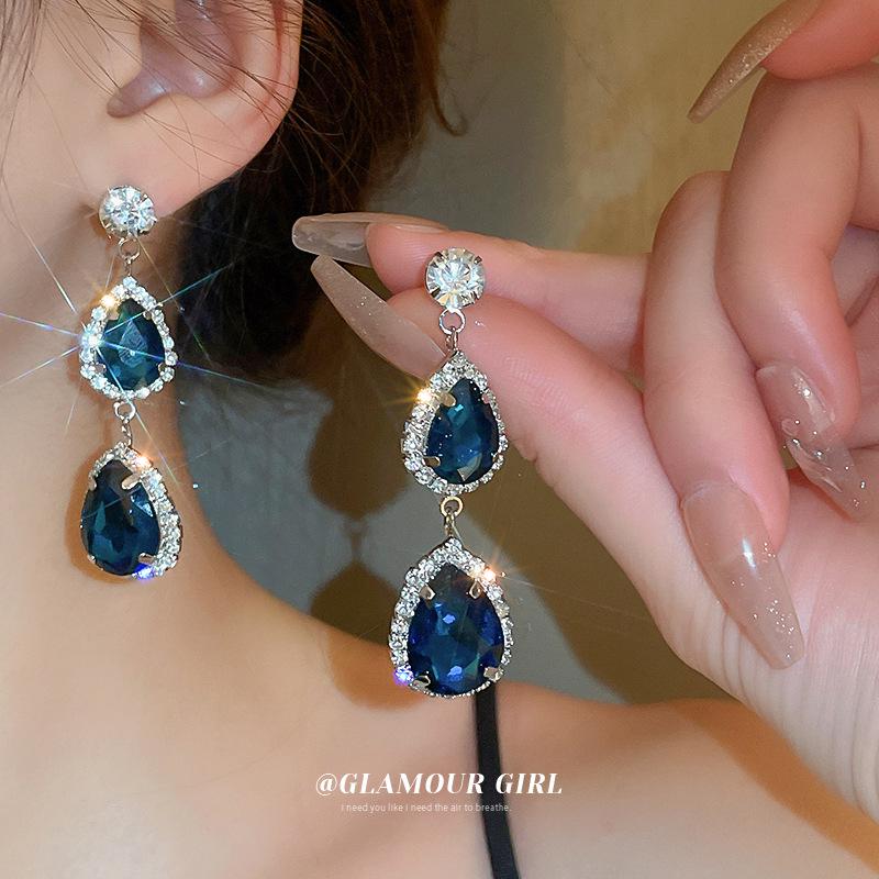 Blauer Edelstein Diamantbesetzte Ohrringe & Halskette Set - Silbernadel, Französischer Luxus Hofstil Schlüsselbeinkette