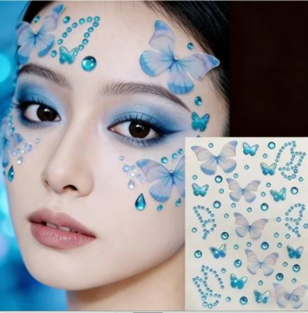 1Sheet Color Butterfly Face Stickers Children Eyes Facial Makeup Butterfly Face Gem Decals Crystal Round Diamond Tattoo Stickers