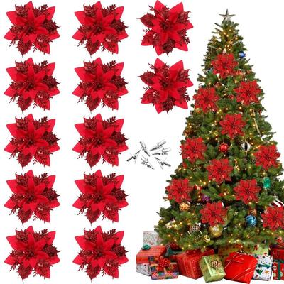 24Pcs Red Christmas Poinsettias Flowers Decoration Artificial Flowers for Christmas Tree Ornaments Suitable for Home Christmas Decorations