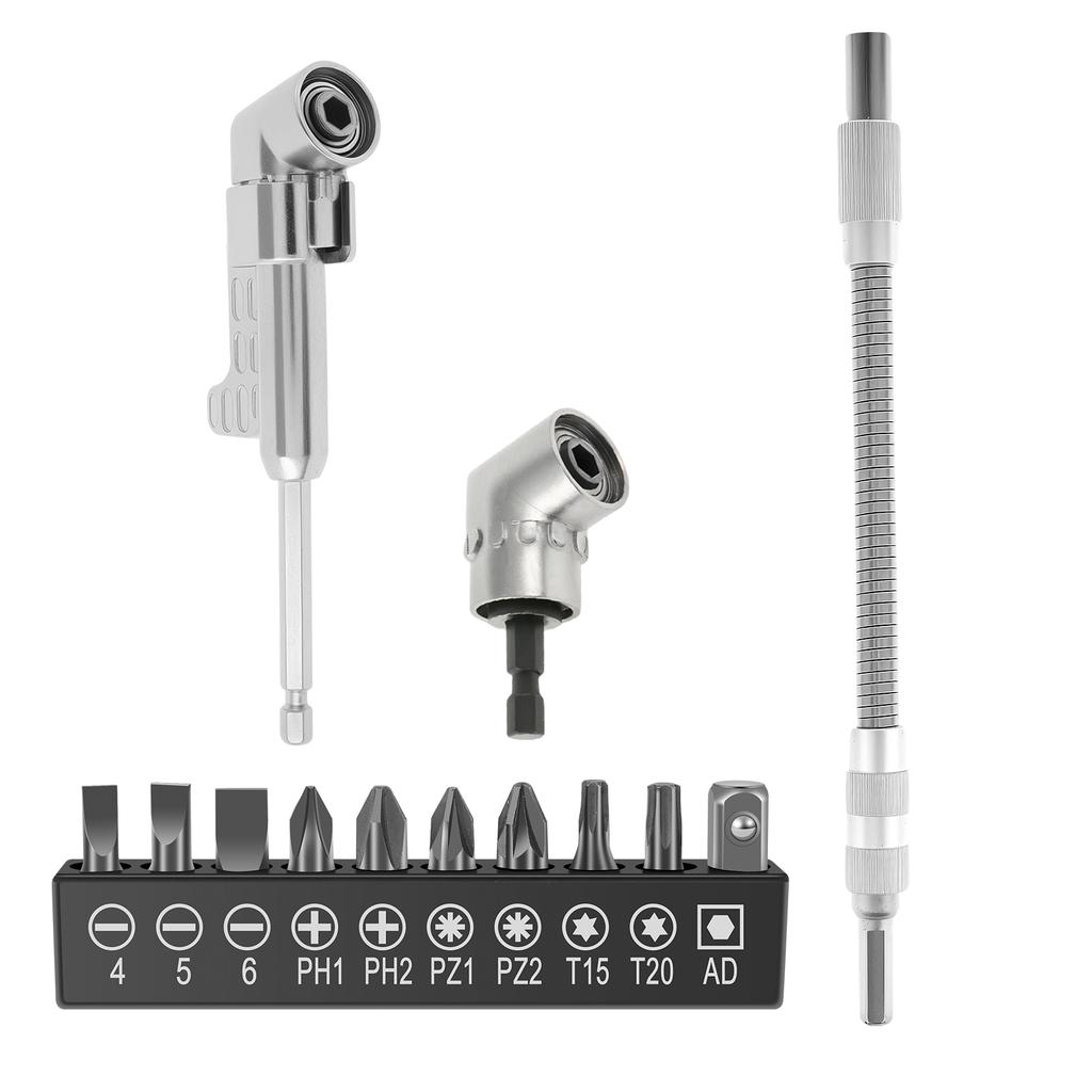 Right Angle Impact Drill Adapter Set 1/4" Hex Shank Driver Angle Extension and Flexible Angle Extension Bit for Screwdriver