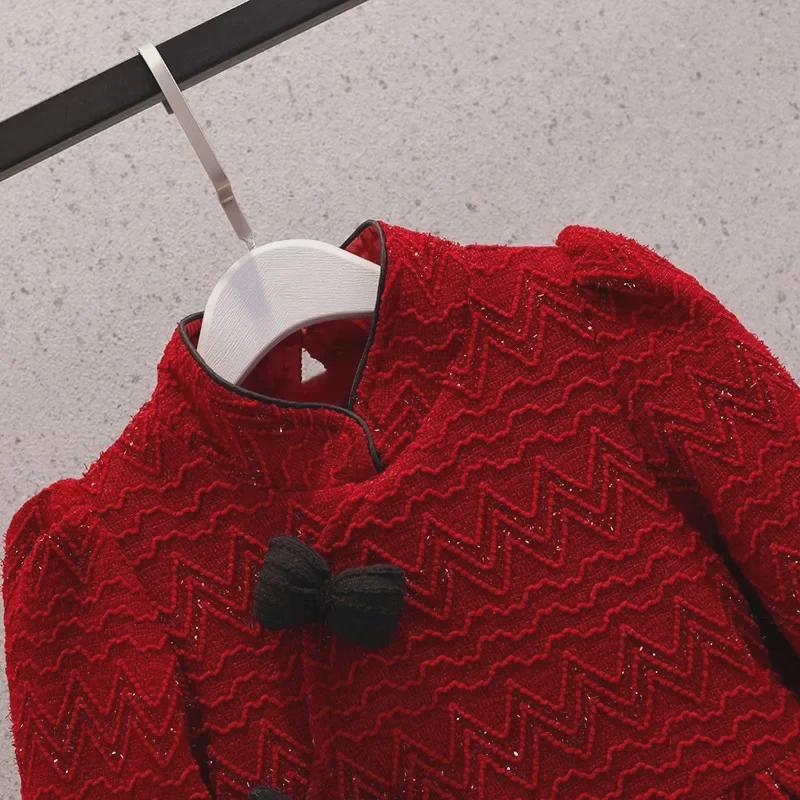 Girls' Red Velvet Cheongsam Dress - Autumn/Winter Fashion for Middle To Large Children