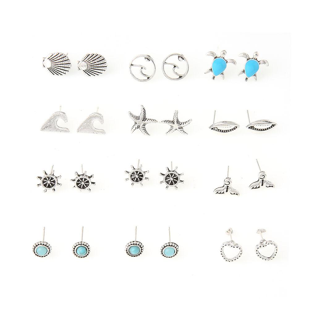 Accessories Simple Drip Oil Turtle Stars Wave Shells Turquoise 12 Pairs Of Earrings