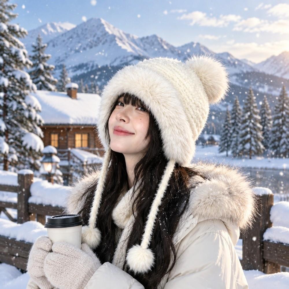 Polyester Faux Fur Hat Thick Warm Winter Knitted Hat Cozy Fair Isle Trapper Hat For Women