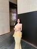 Women's V-Neck Spaghetti Strap Yellow Gradient Beach Dress