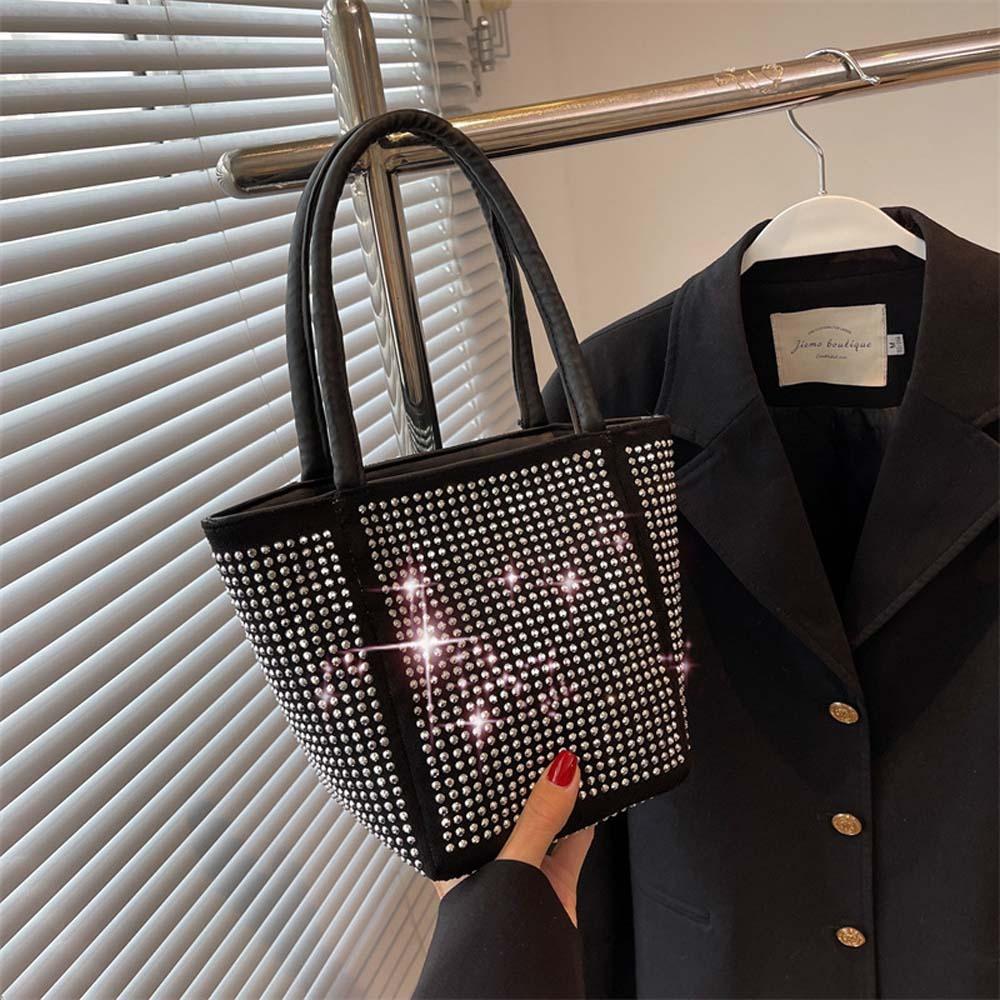 Classical Sparkling Square Bag PU Bucket Handbag Trendy Bright Rhinestone Shoulder Bag Party
