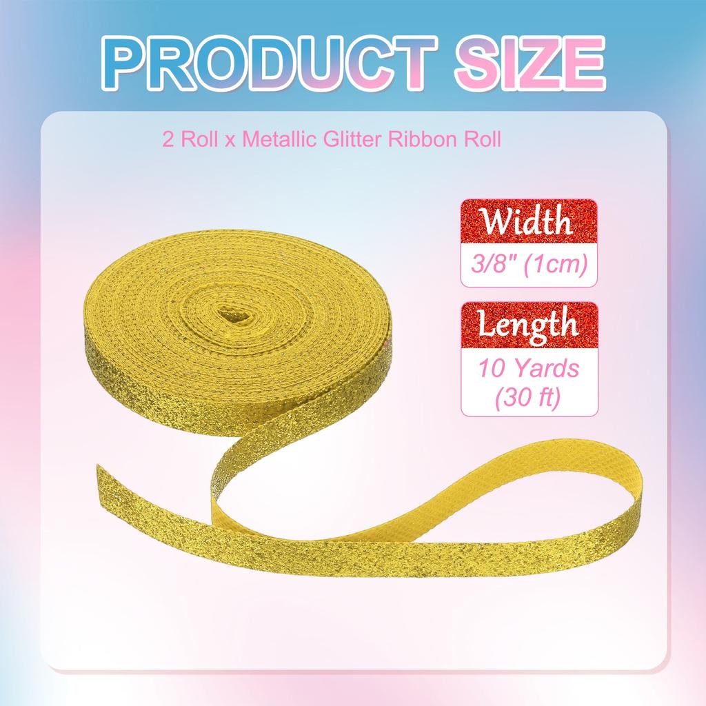 2 Rolls Metallic Glitter Ribbon Roll Sparkly Glitter Ribbon for Gift Wrapping Crafts Holiday Wedding Birthday Party Decoration